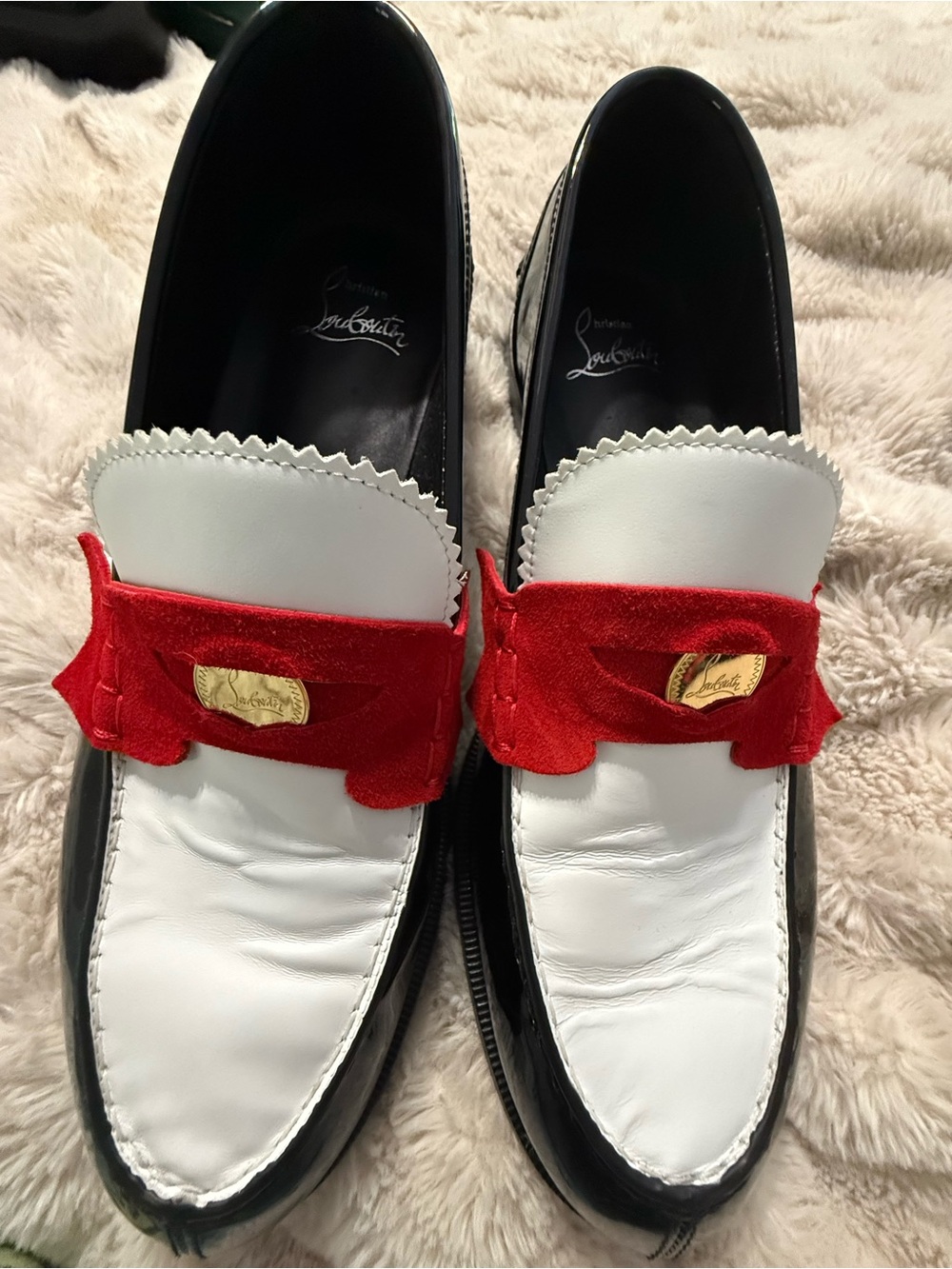 Christian Louboutin Red White Black Leather Loafers Size 39 Authentic